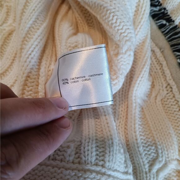 Chanel Cardigan Sweater 40 Small Ivory Cable Knit Fringe Trim Cashmere Cotton - Picture 12 of 14